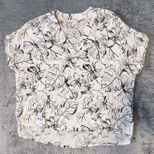 Joie 100% Linen Tropical Floral Print Black & White Roll Tab Sleeve Tunic 2X